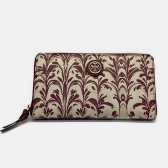 Tory Burch leather abstract Floral Burgundy and Cream Wallet confetti interior - Picture 3 of 9
